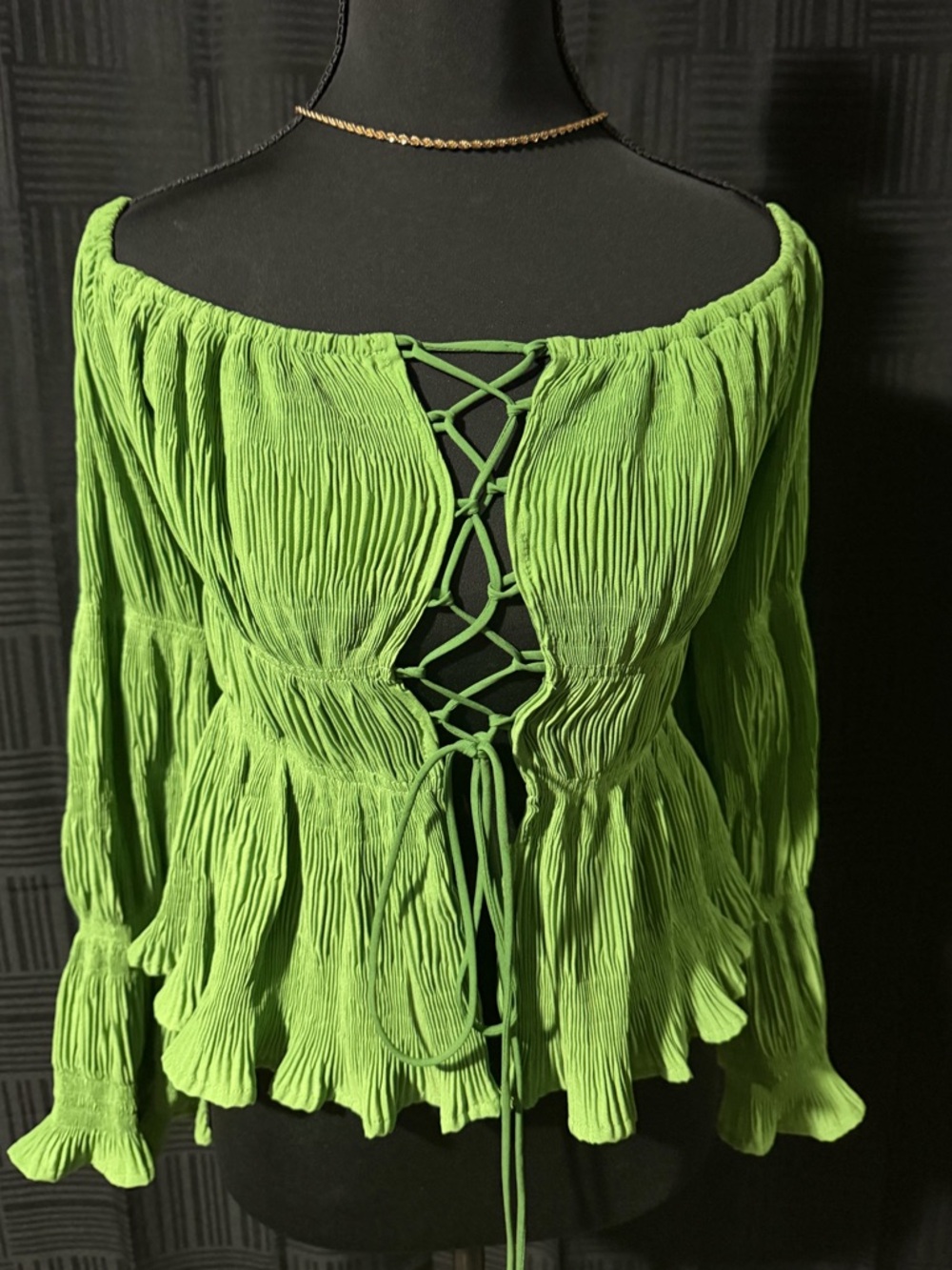 Green Off-Shoulder Lace-Up Top